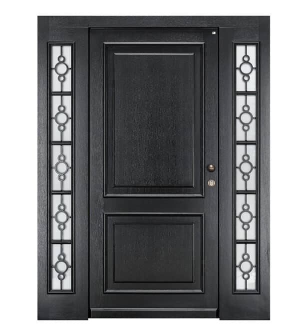 Holzhaustür Classic 3-423 mit Türknauf und zwei Seitenteilen links und rechts, die jeweils über eingelassene Glasflächen mit dekorativem Element verfügen.