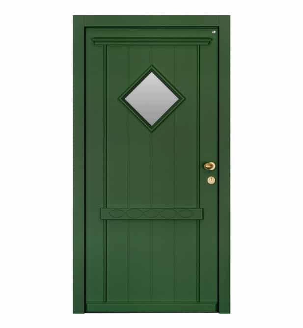 Holzhaustür Classic 3-446 mit Türknauf und einer Glasfläche in Form einer Raute.