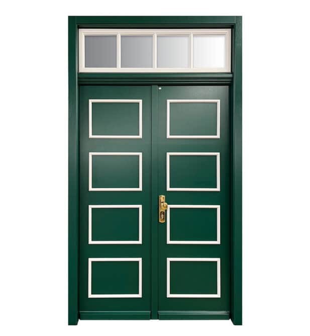 Holzhaustür Classic 3-447 doppelflügelig mit Glasscheibe im oberen Drittel (mit Sprossen).