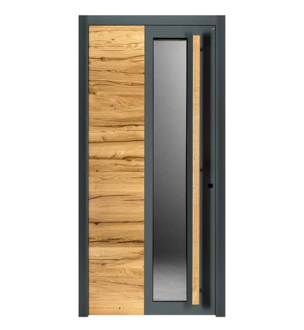 Holzhaustür Concept 1-224 mit langem Türgriff und Glasfläche.