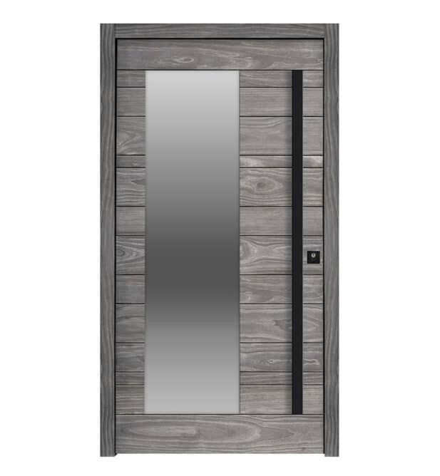 Holzhaustür mit langem Türgriff und Glasfläche.