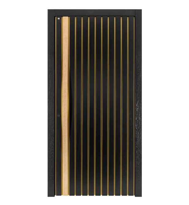 Holzhaustür Concept 1-602 mit langem hellen Türgriff und Türblatt in schwarz.