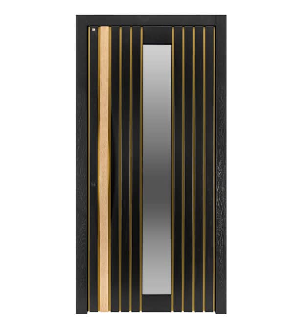 Holzhaustür Concept 1-602 mit langem hellen Türgriff, Türblatt in schwarz und Glasfläche.